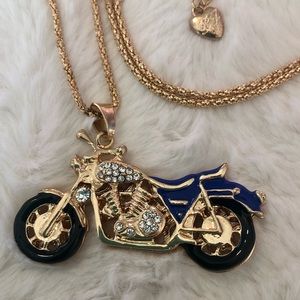 NEW✨ Betsey Johnson Gold Blue Harley Motorcycle Bike CZ Long Pendant Necklace